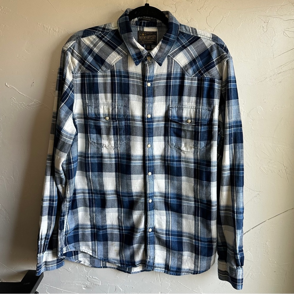 Lucky Brand Blue‎ Plaid Flannel Shirt Pearl Snap Americana Western Indie Sz L